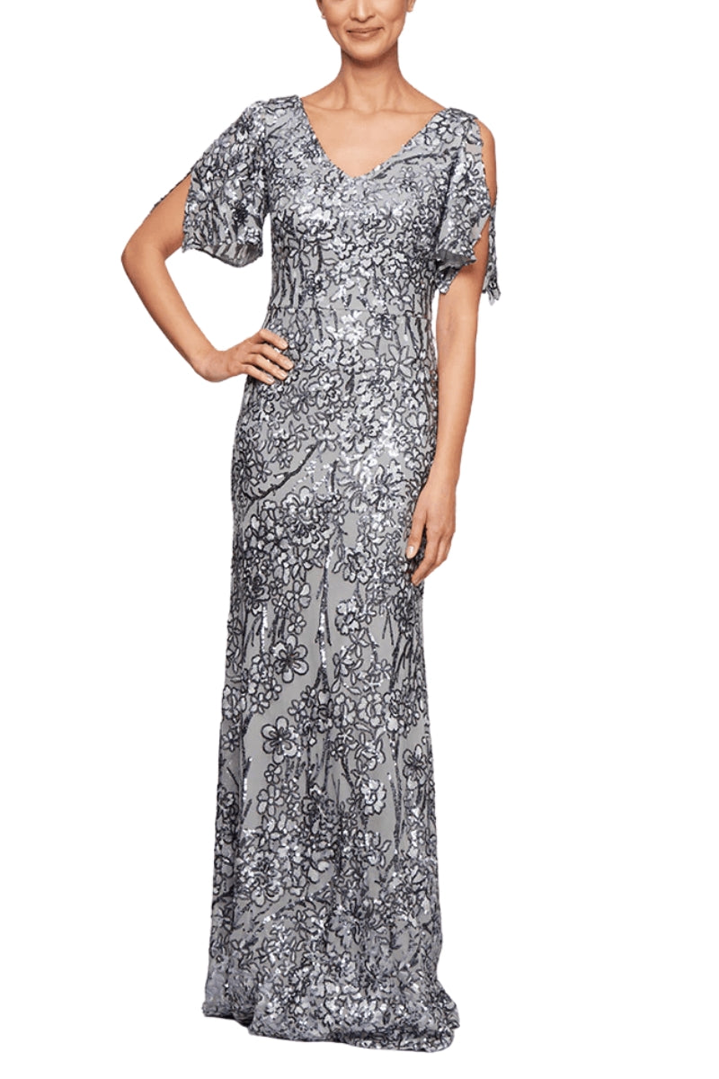 Alex Evenings V-Neck Cold Shoulder Short Flutter Sleeves V-Back Zipper Closure Shimmering Sequin Floor Length Silhouette Gown Dress - SILVER - Front