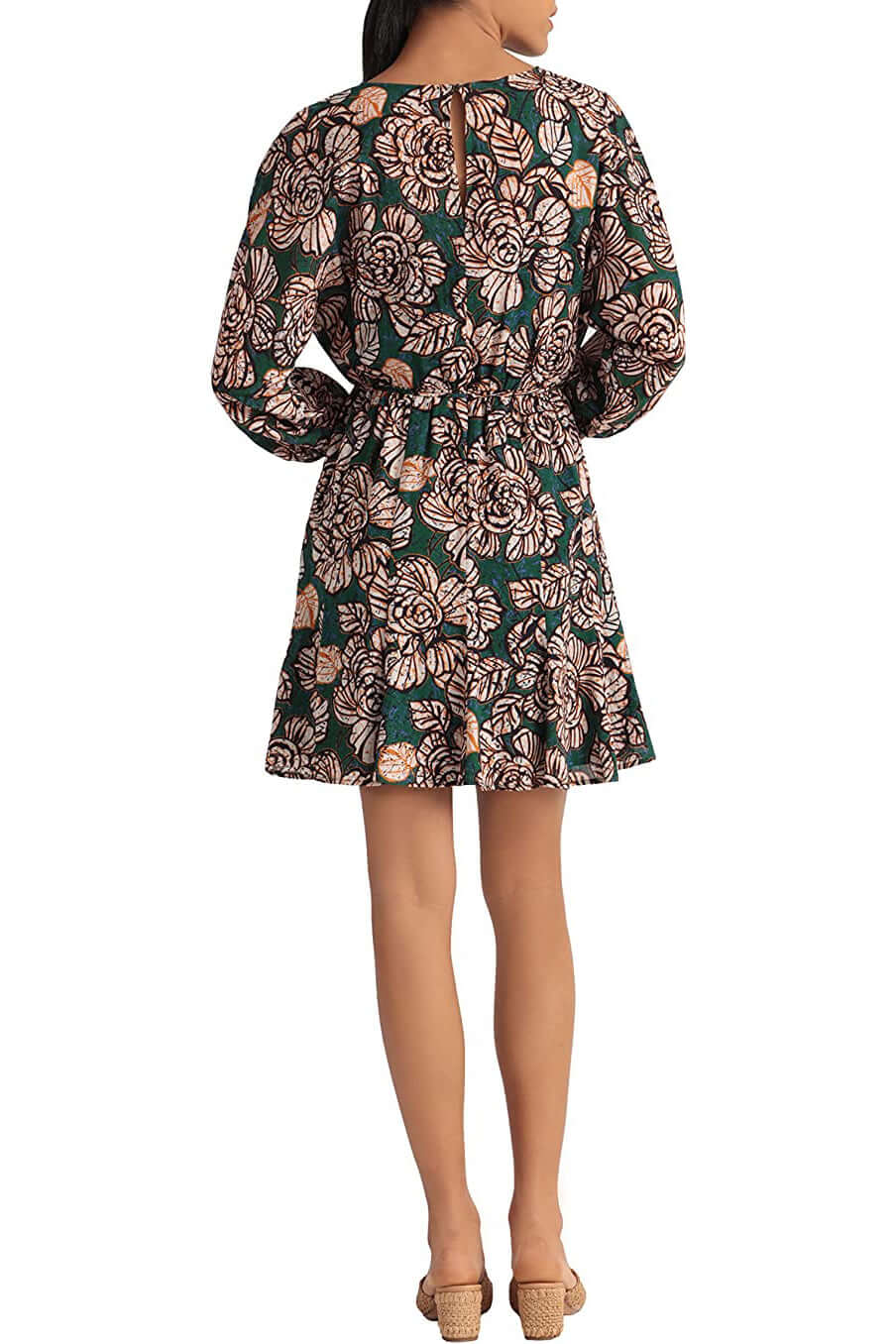 Donna Morgan Crew Neck 3/4 Sleeve Tie Waist Floral Print Keyhole Back Polyester Dress - KELLY GREEN - Back