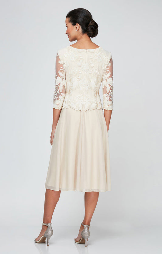 Wholesale Tea Length Embroidered Mock Dress With Illusion Sleeves, Scallop Detail and Full Sk Alex Evenings 82122420