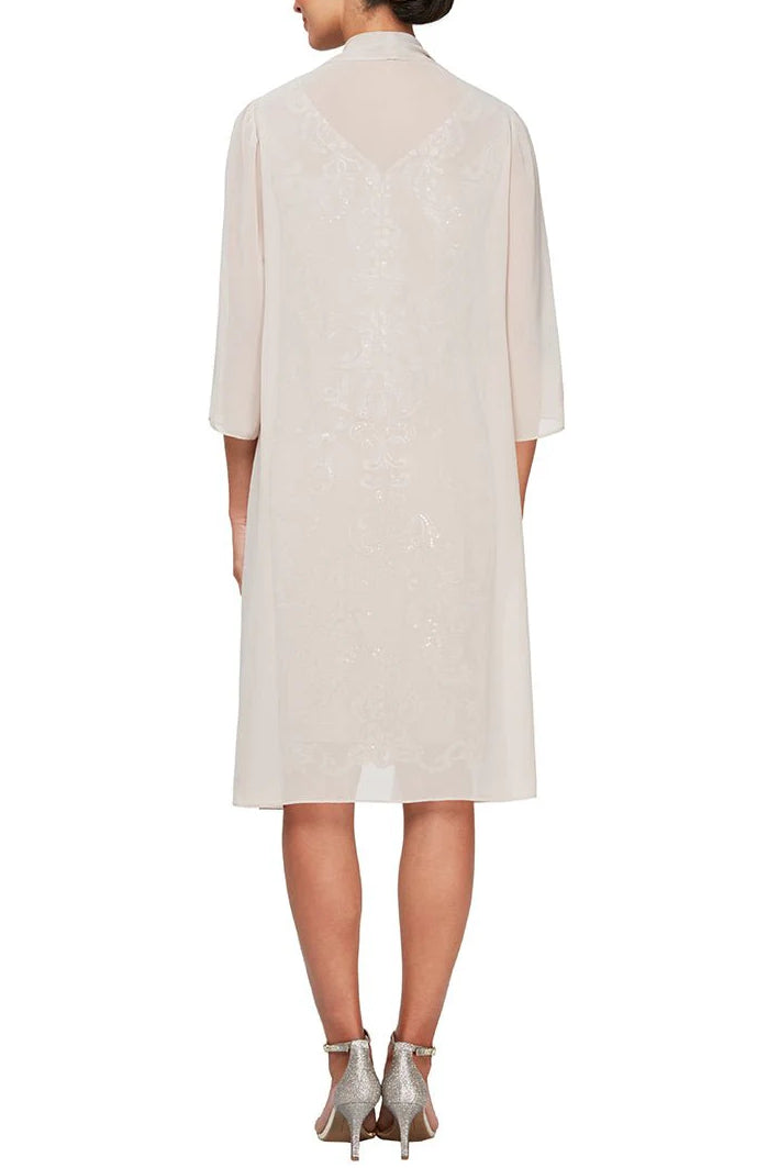 Alex Evenings V-Neck Sheath Dress with Elongated Chiffon Jacket - TAUPE - Back