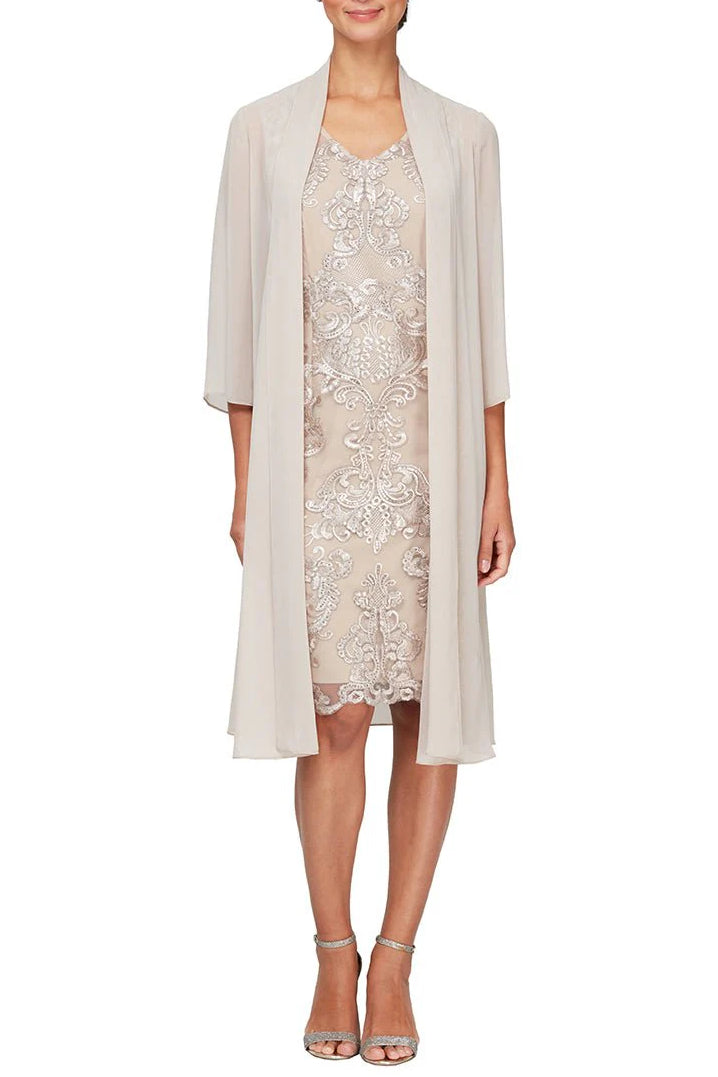 Alex Evenings V-Neck Sheath Dress with Elongated Chiffon Jacket - TAUPE - Front