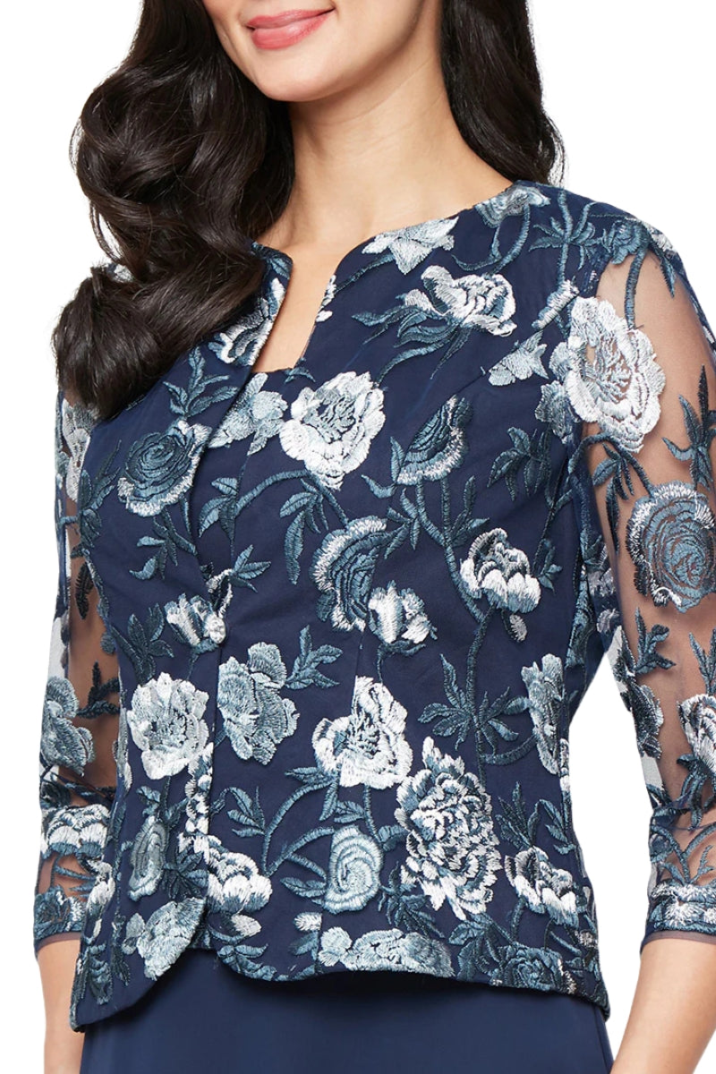 Alex Evenings 2-Piece Set Embroidered Quarter Sheer Sleeves Jacket with Matching Scoop Neckline Fitted Bodice A-Line Skirt Maxi Dress (Petite)