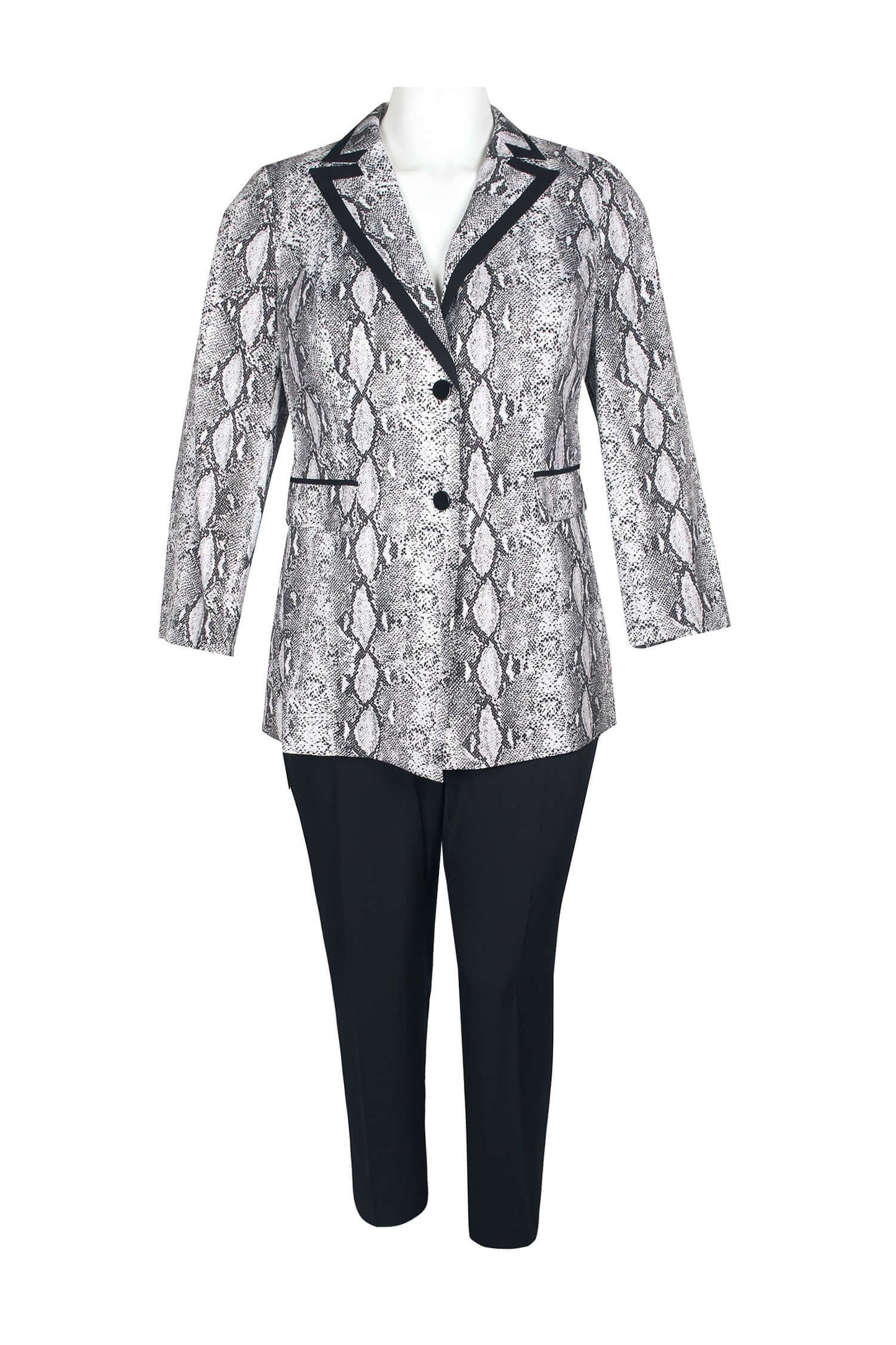 Emily Notched Collar Two Button Closure Long Sleeve Crepe Jacket with Elastic Waist Pencil Cut Pockets Pants (Plus Size) - BLACK WHITE - front