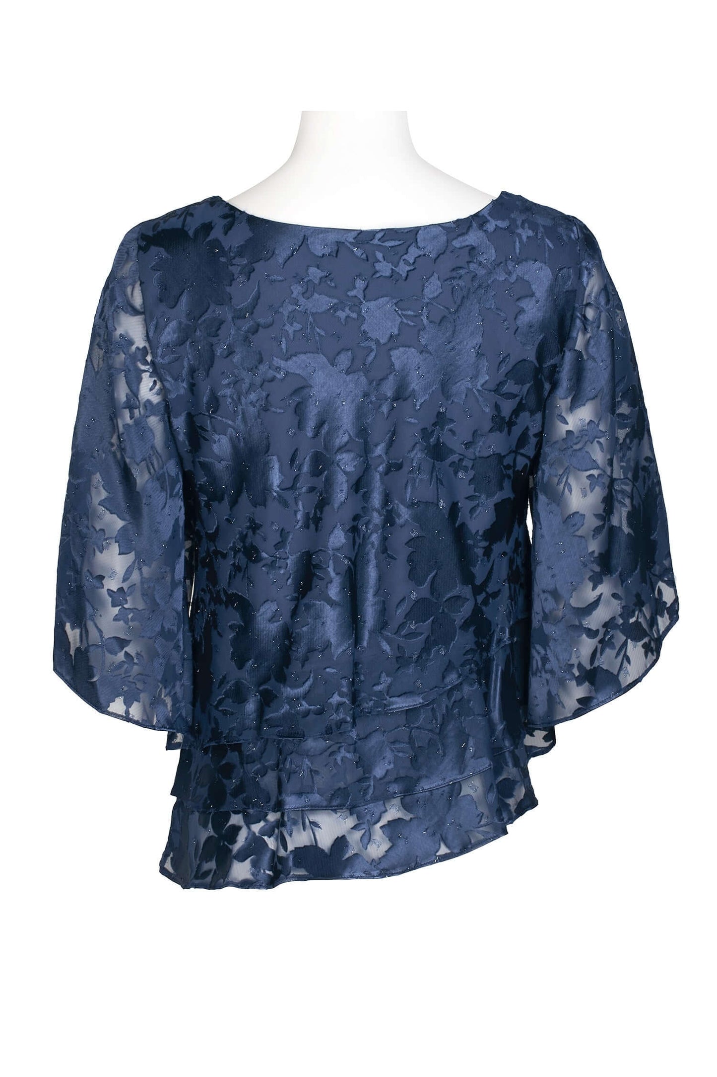 Alex Evenings Boat Neck 3/4 Sleeve Multi Print Asymmetrical Triple Tier Hem Burnout Chiffon Top - DARK NAVY - BACK