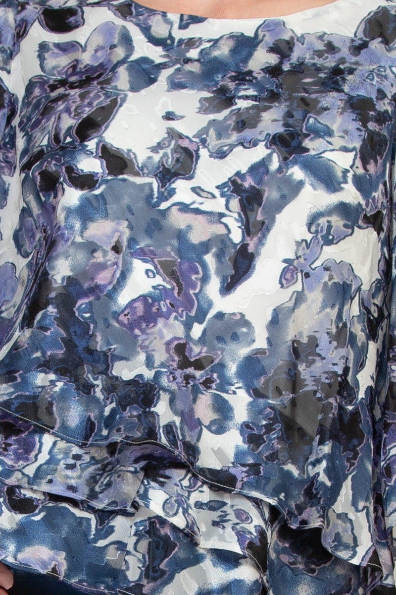 Alex Evenings Boat Neck 3/4 Sleeve Multi Print Asymmetrical Triple Tier Hem Chiffon Top - IVORY MULTI - FABRIC