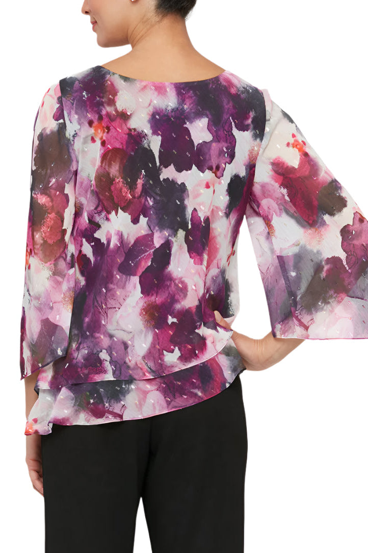 Alex Evenings Boat Neck 3/4 Sleeves Printed Asymmetric Double Tier Hem Blouse - PLUM MULTI - Back