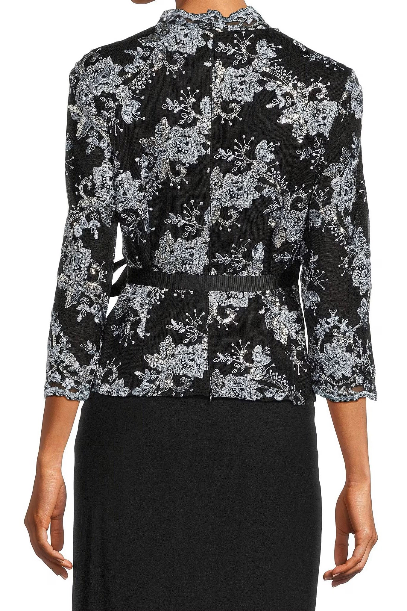 Alex Evenings V-neck 3/4 Sleeve Tie Waist Embellished Mesh Blouse - Wholesale - BLACK HYDRANGEA - Back