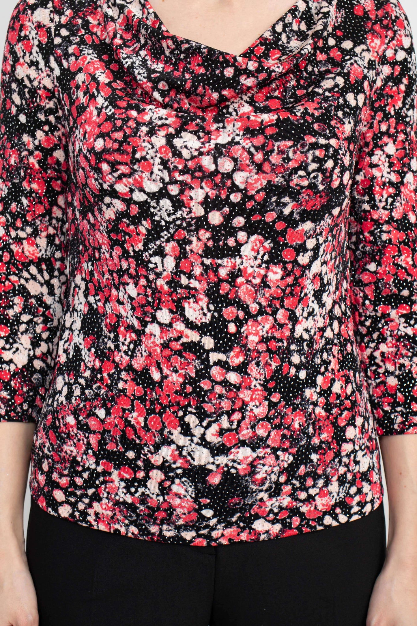 Alex Evenings Cowl Neck 3/4 Sleeve Multi Print Jersey Top - BLACK CERISE - fabric