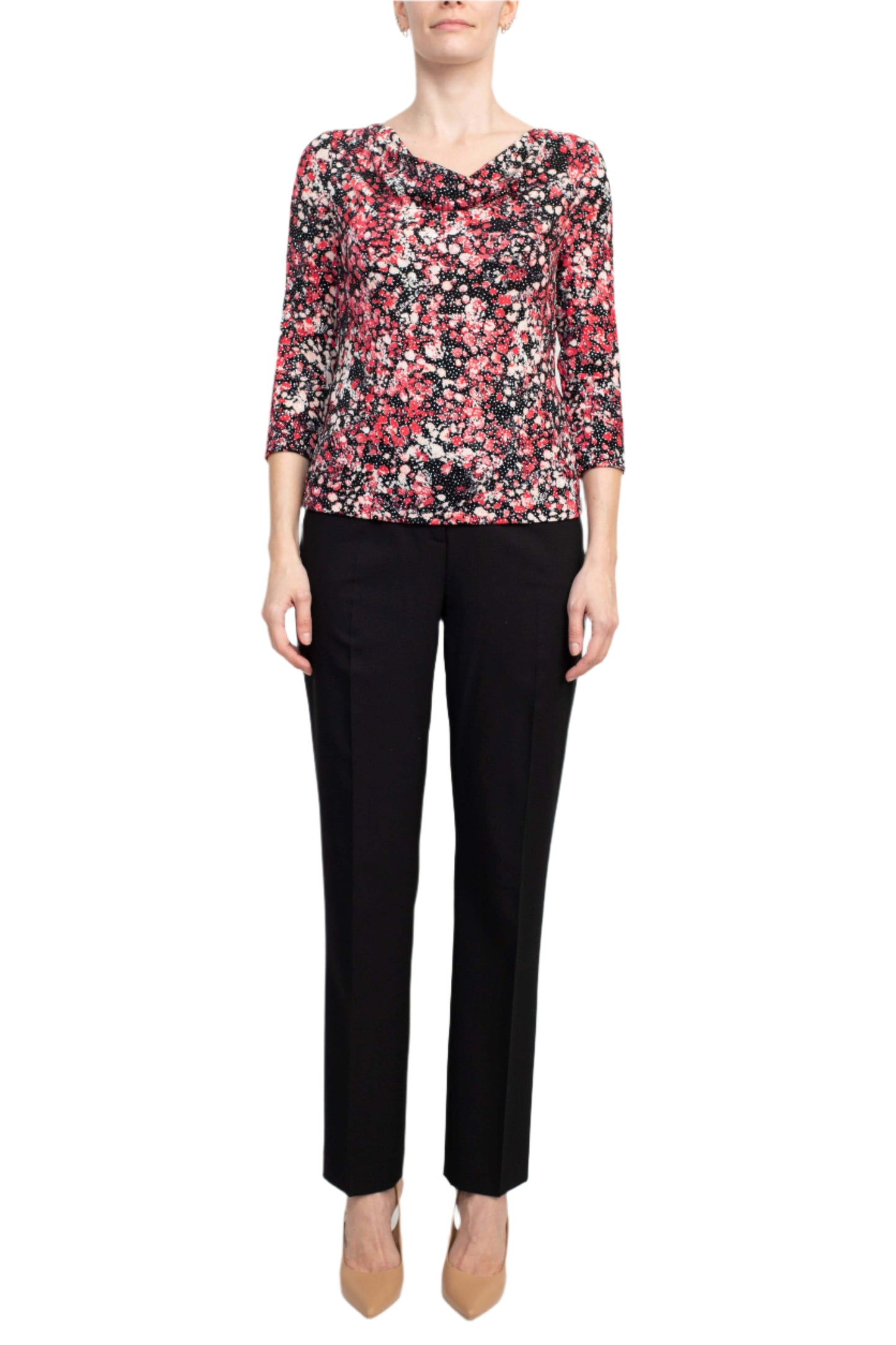 Alex Evenings Cowl Neck 3/4 Sleeve Multi Print Jersey Top - BLACK CERISE - front full view