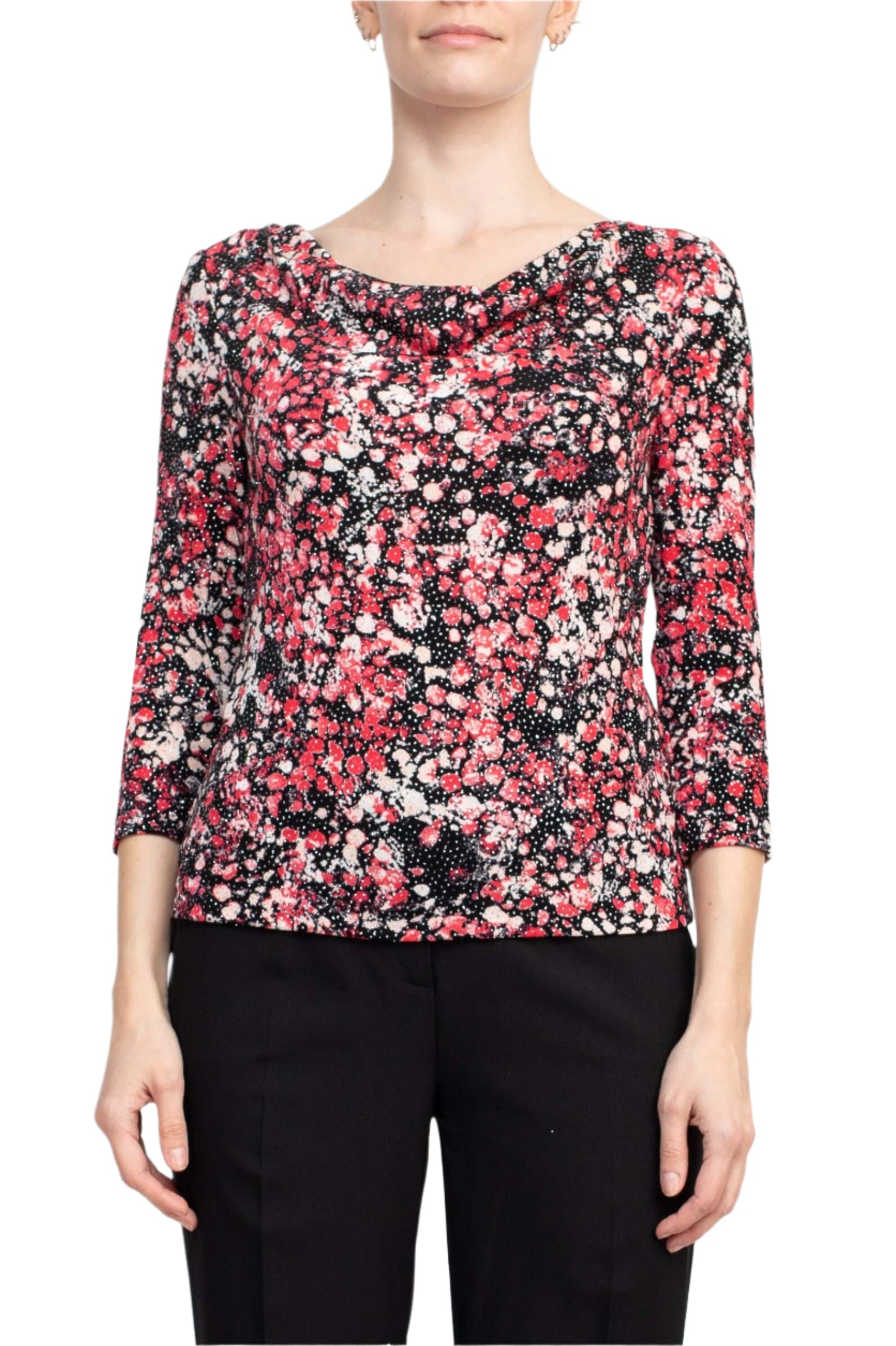 Alex Evenings Cowl Neck 3/4 Sleeve Multi Print Jersey Top - BLACK CERISE - front