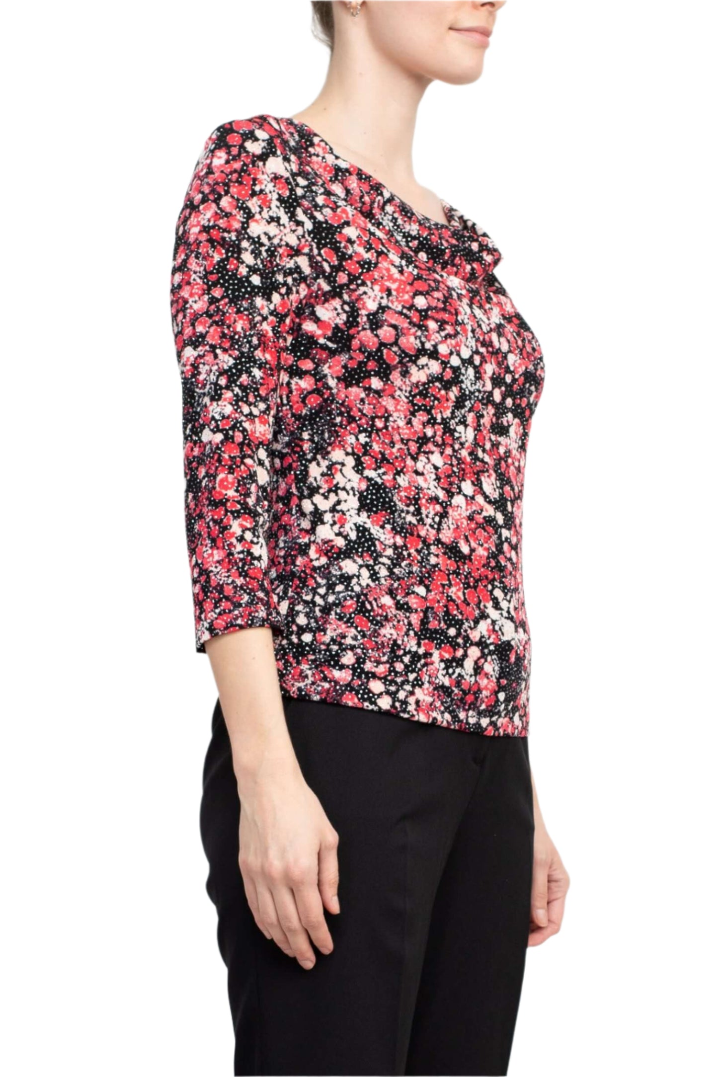 Alex Evenings Cowl Neck 3/4 Sleeve Multi Print Jersey Top - BLACK CERISE - side