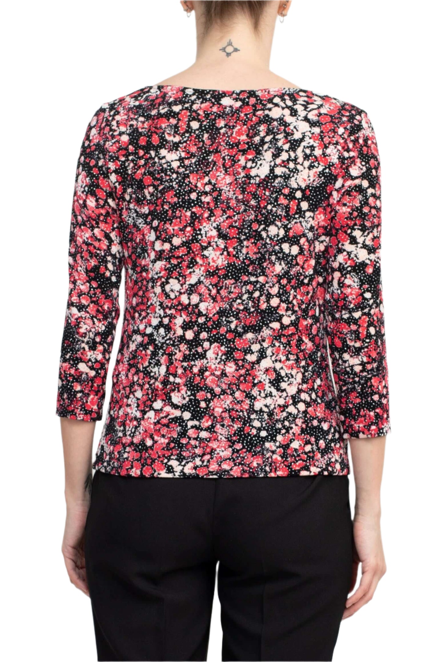 Alex Evenings Cowl Neck 3/4 Sleeve Multi Print Jersey Top - BLACK CERISE - back