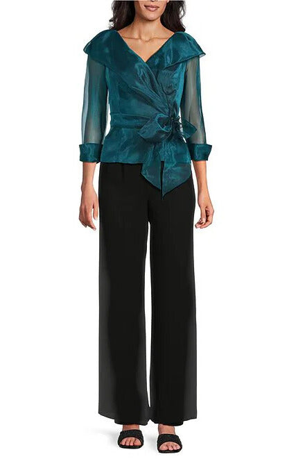 Alex Evenings Shawl Cowl Collar V-Neckline Sheer Three-Quarter Cuffed Sleeves Overlap Wrap Fold Wide Waist Sash Tie Blouse Top