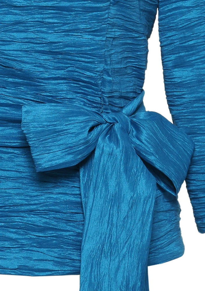 Alex Evenings Square Neckline Quarter Sleeves with Waist Ribbon Details Top Textured Aqua Dress