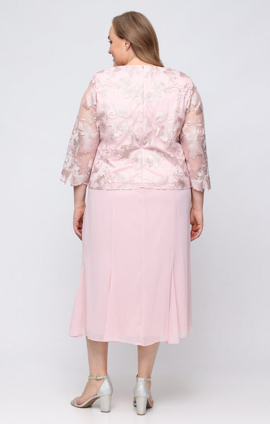 Wholesale Tea Length Mock Jacket Dress With Illusion Sleeves, Scallop Detail, Hook Neck Closure, and A-Line Skirt Alex Evenings 84122421