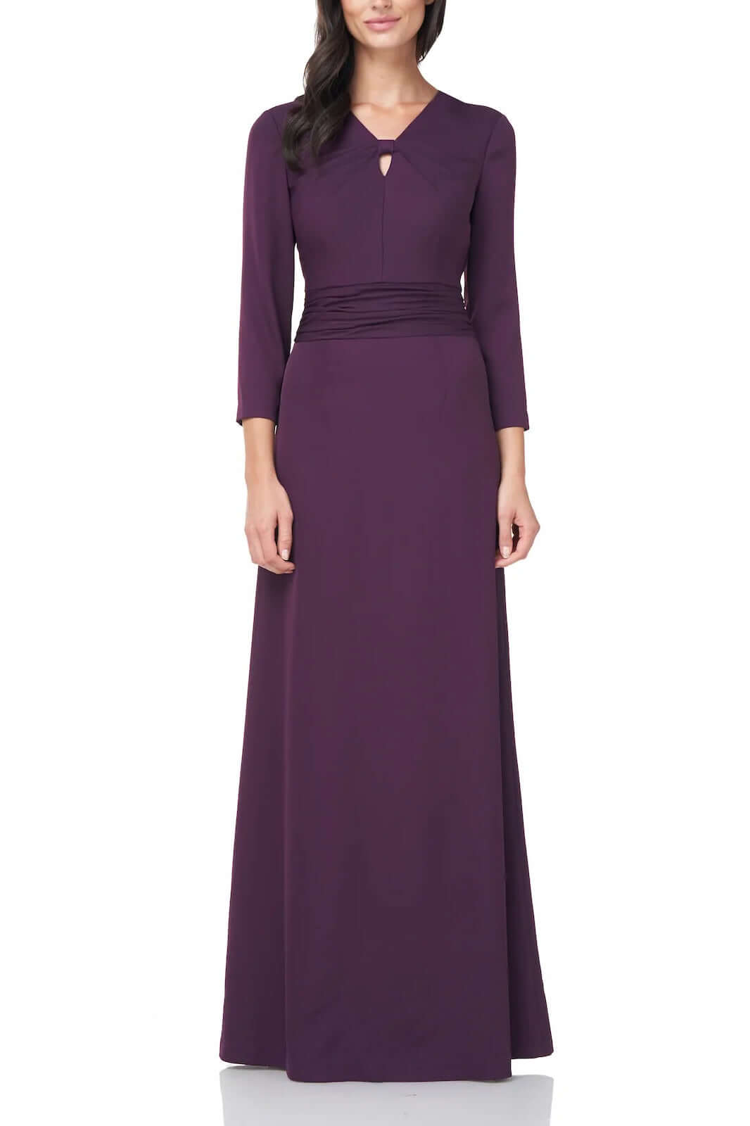 JS Collections V-Neck 3/4 Sleeve Twist Front Solid Stretch Crepe Dress - PLUM - Front