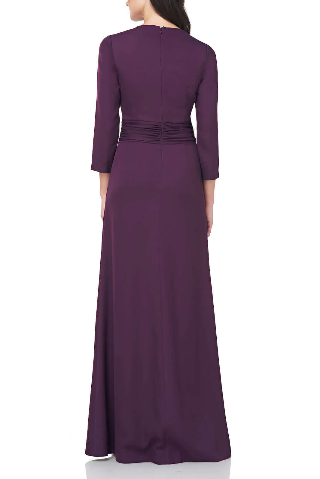 JS Collections V-Neck 3/4 Sleeve Twist Front Solid Stretch Crepe Dress - PLUM - Back