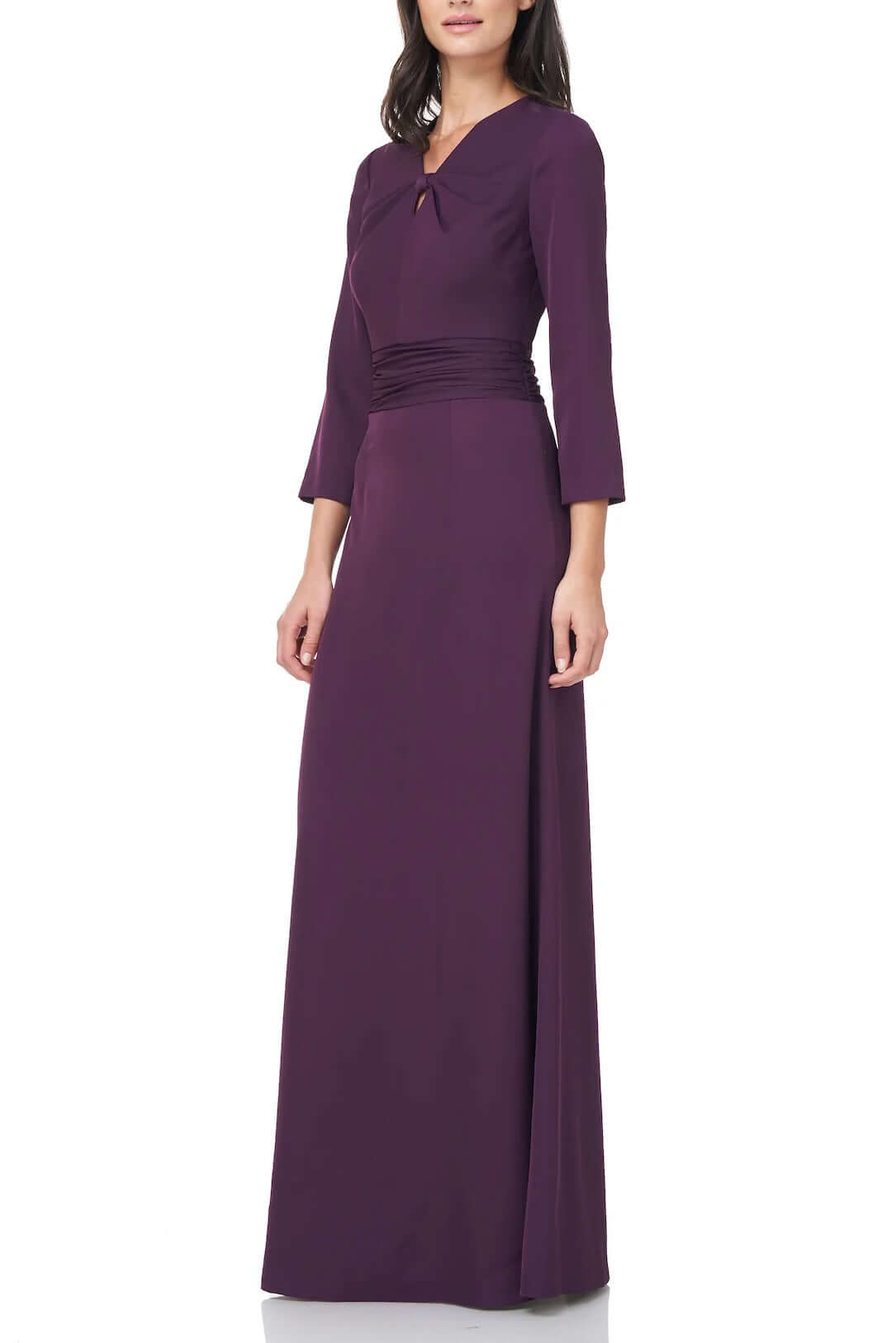 JS Collections V-Neck 3/4 Sleeve Twist Front Solid Stretch Crepe Dress - PLUM - Front Full View