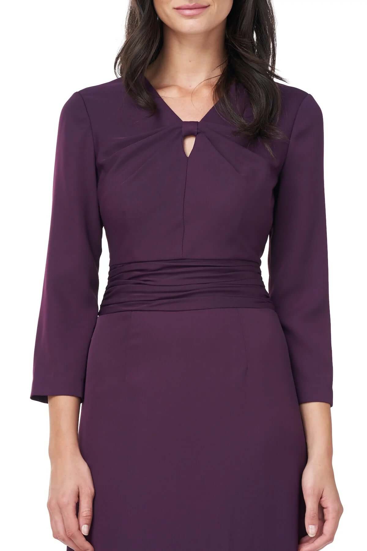 JS Collections V-Neck 3/4 Sleeve Twist Front Solid Stretch Crepe Dress - PLUM - Front View