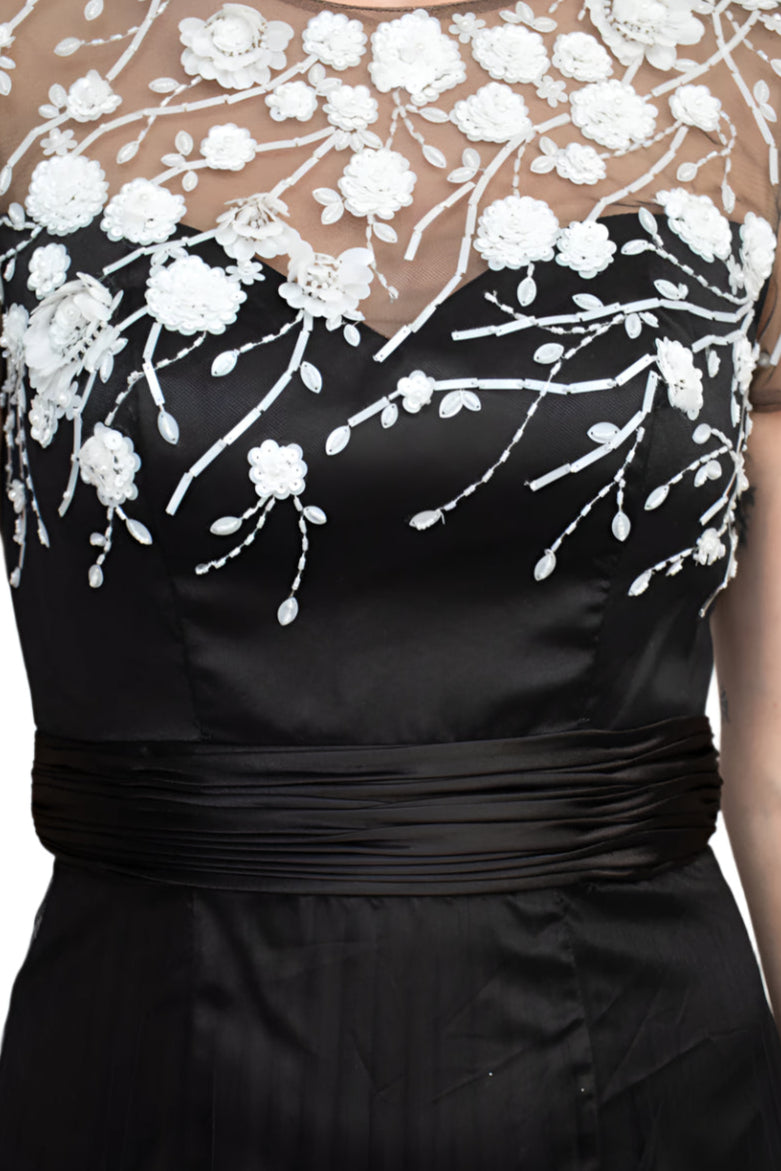 JS Collections Crew Neck Short Sleeve Embellished Mesh Gown - BLACK IVORY - Fabric