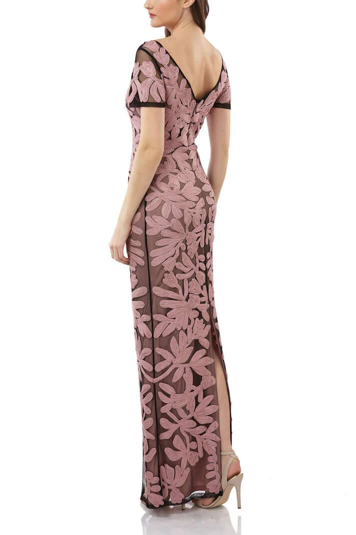 JS Collections Boat Neck Short Sleeve Zipper Slit Back Embellished Soutache Mesh Gown - ANTIQUE ROSE - Back