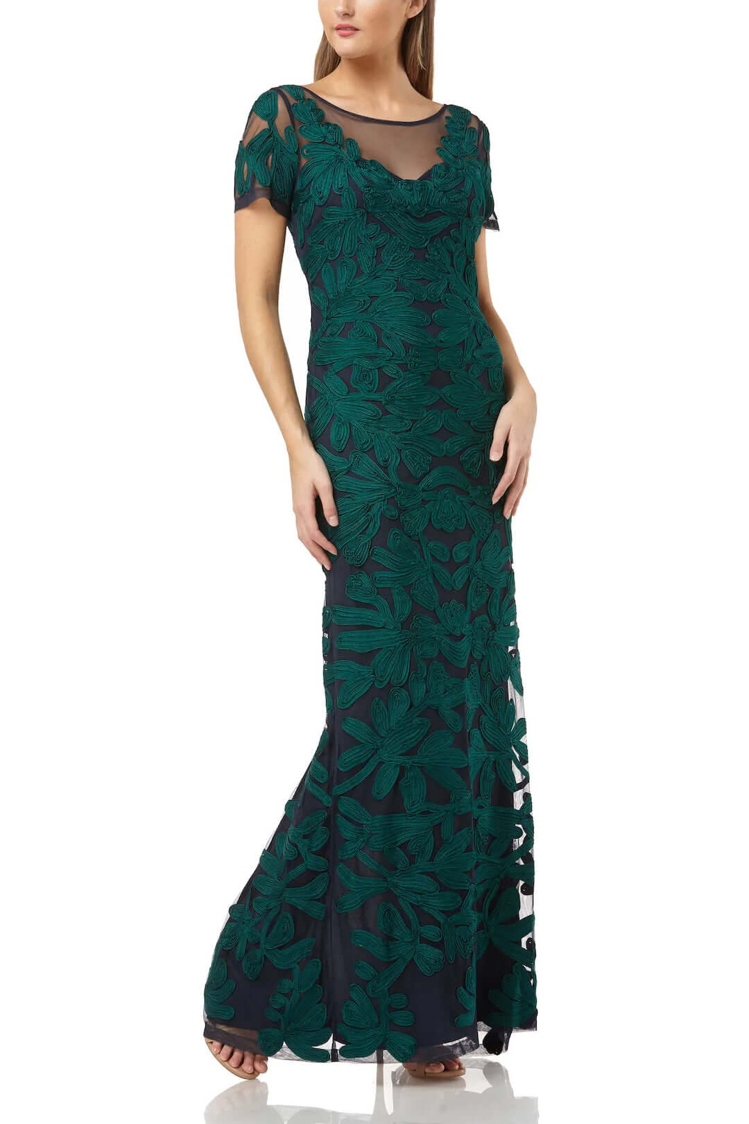 JS Collections Boat Neck Short Sleeve Zipper Slit Back Embellished Soutache Mesh Gown - JADE NAVY - Front