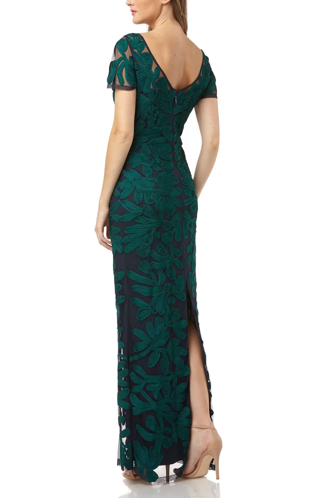 JS Collections Boat Neck Short Sleeve Zipper Slit Back Embellished Soutache Mesh Gown - JADE NAVY - Back