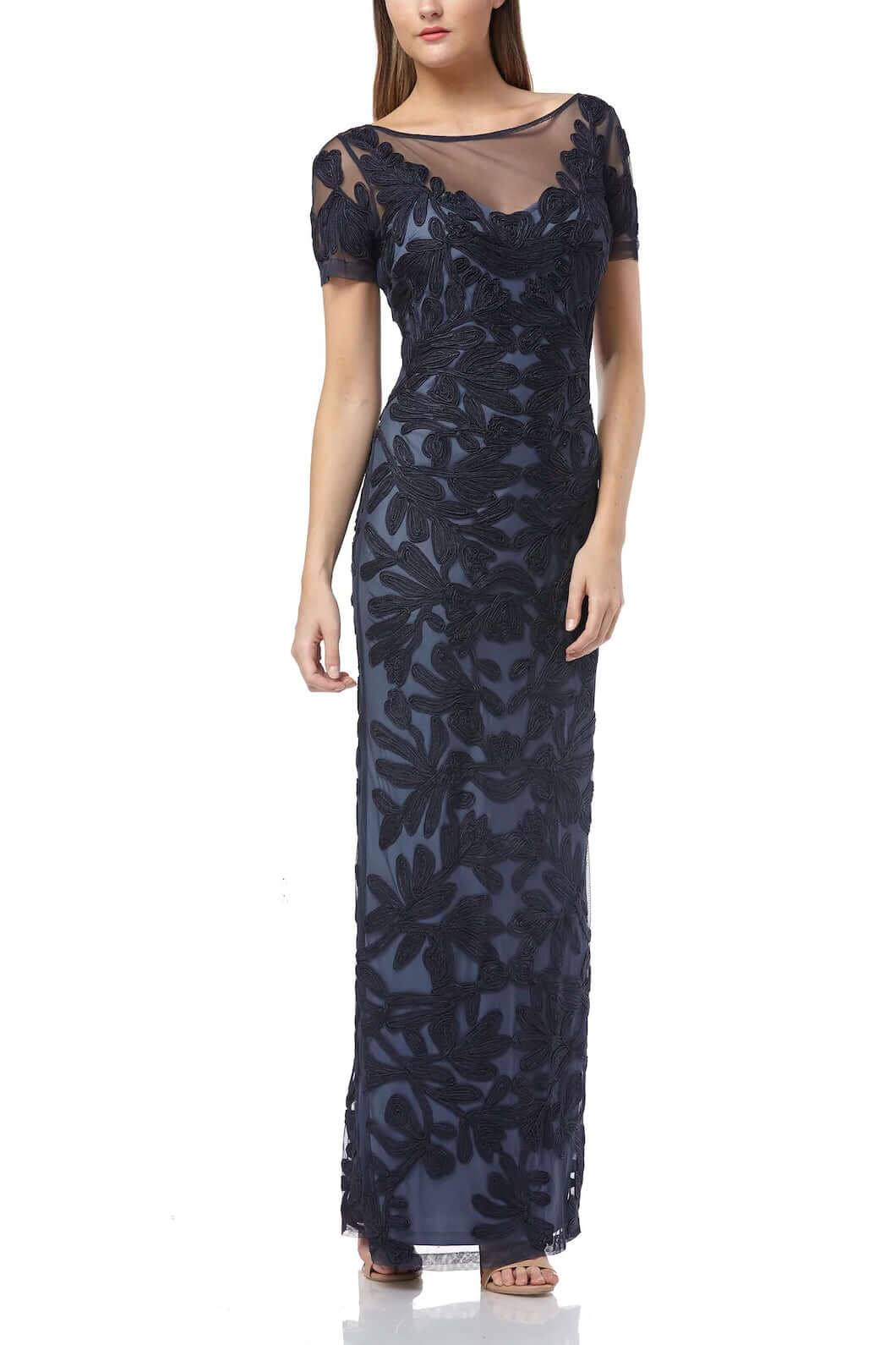 JS Collections Boat Neck Short Sleeve Zipper Slit Back Embellished Soutache Mesh Gown - NAVY - Front