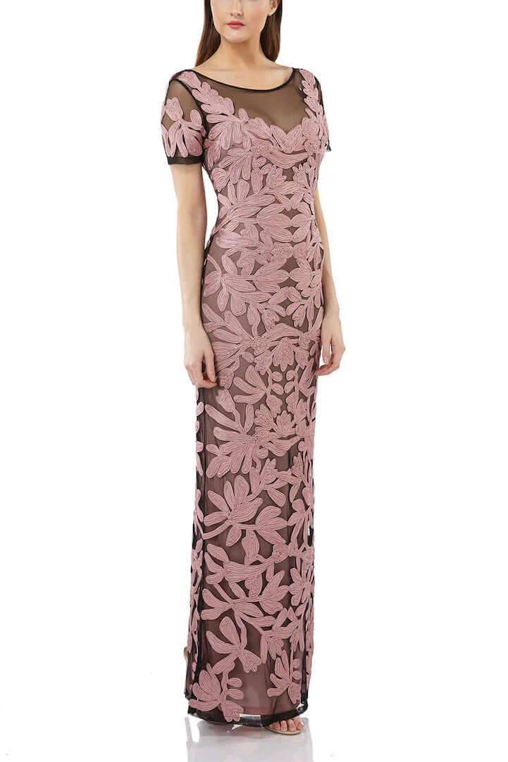 JS Collections Boat Neck Short Sleeve Zipper Slit Back Embellished Soutache Mesh Gown - ANTIQUE ROSE - Front