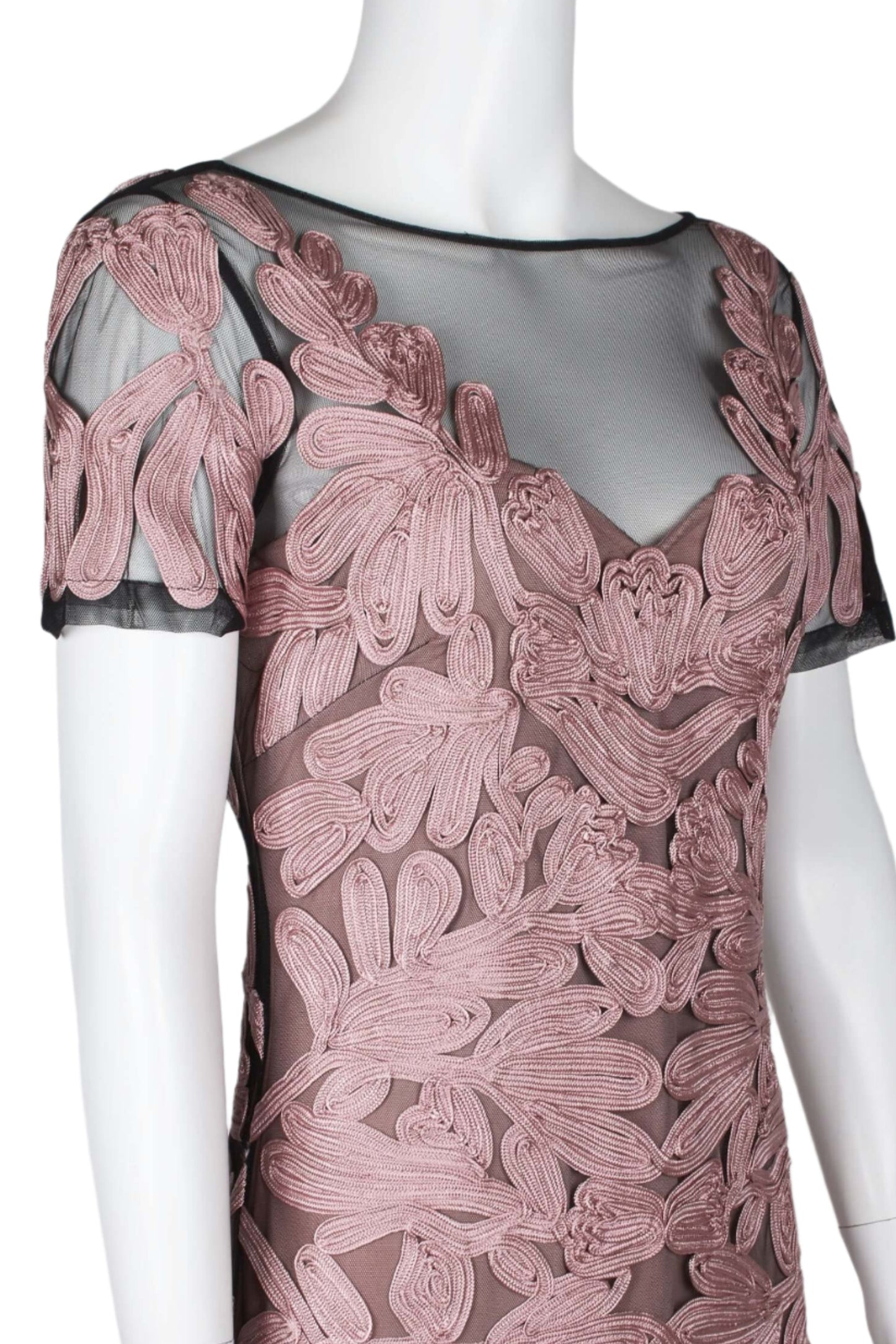JS Collections Boat Neck Short Sleeve Zipper Slit Back Embellished Soutache Mesh Gown - ANTIQUE ROSE - Side