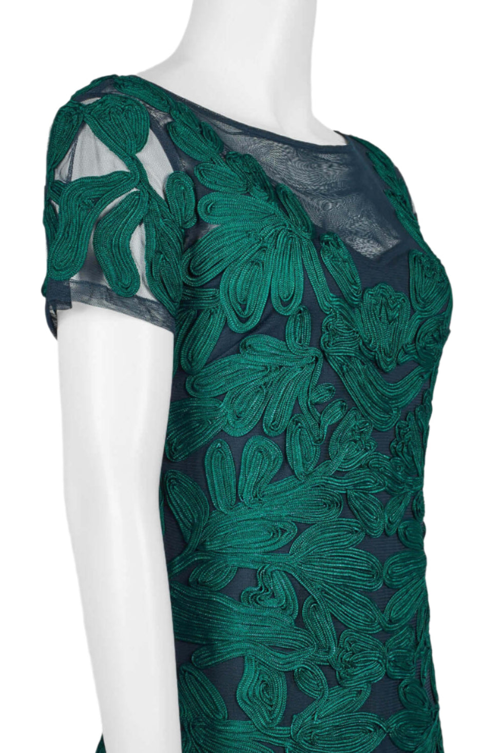 JS Collections Boat Neck Short Sleeve Zipper Slit Back Embellished Soutache Mesh Gown - JADE NAVY - Side