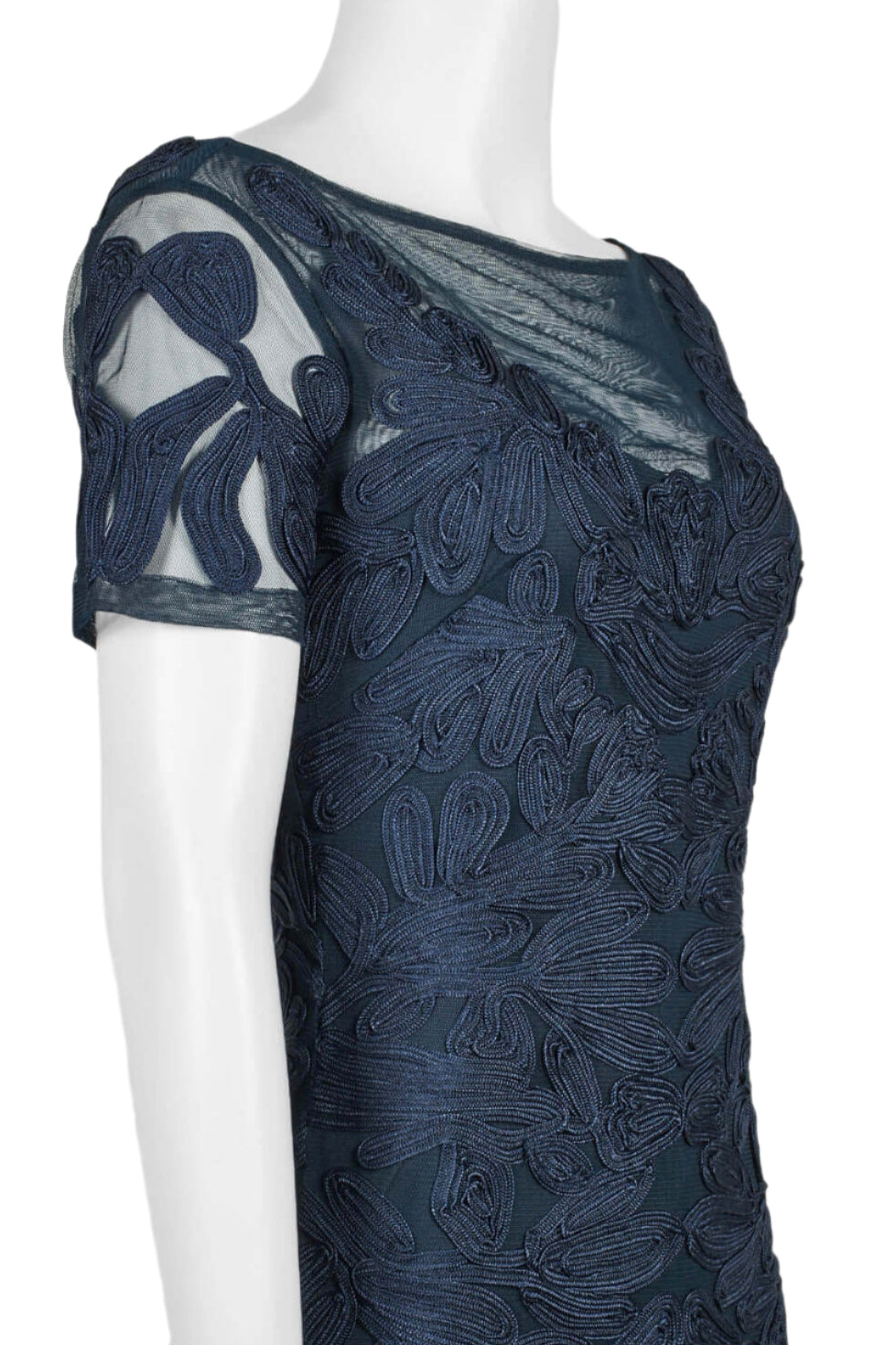 JS Collections Boat Neck Short Sleeve Zipper Slit Back Embellished Soutache Mesh Gown - NAVY - Side