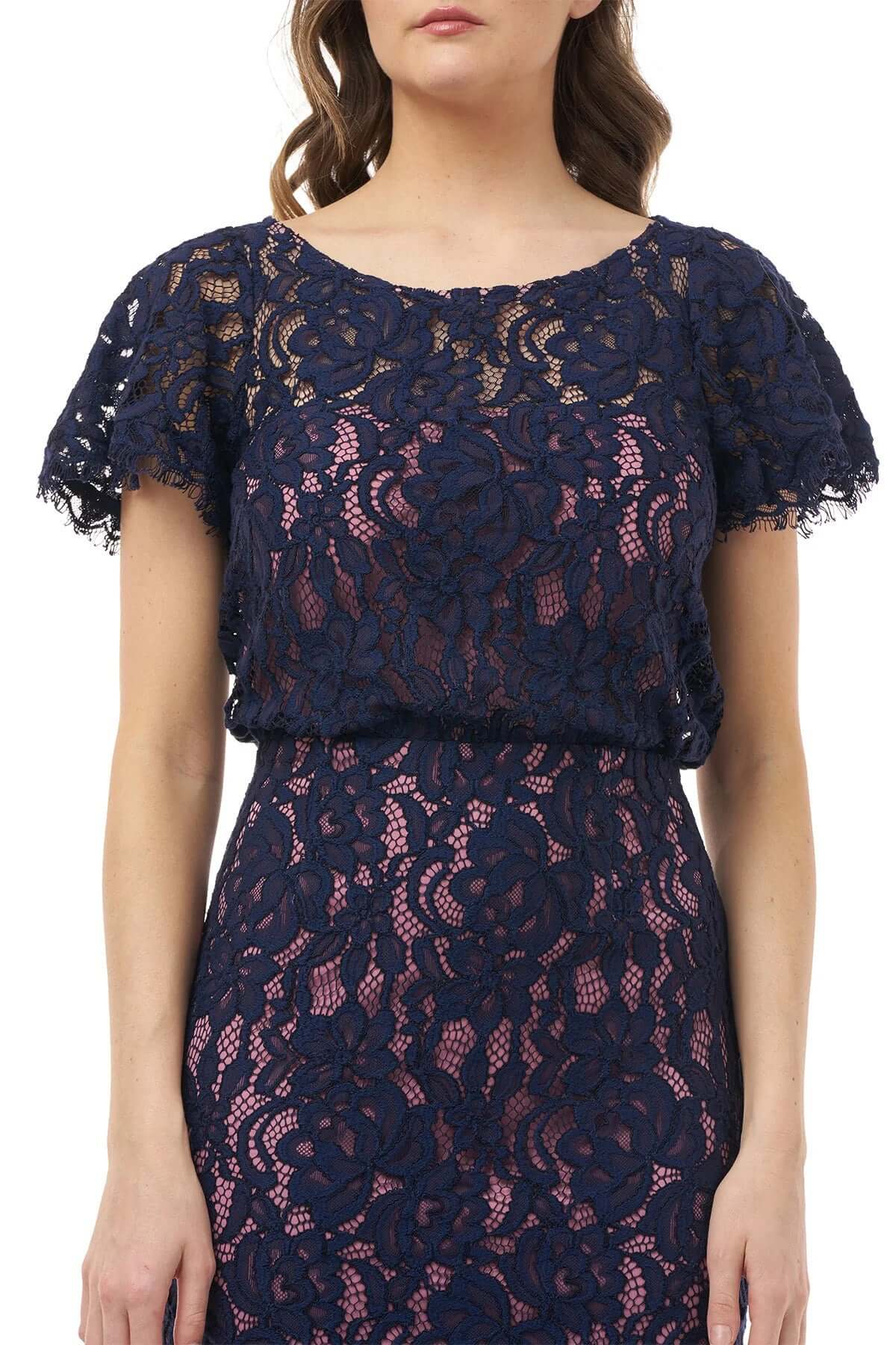 JS Collections Scoop Neck Short Sleeve Blouson Zipper Back Lace Dress - NAVY ROSE - fabric