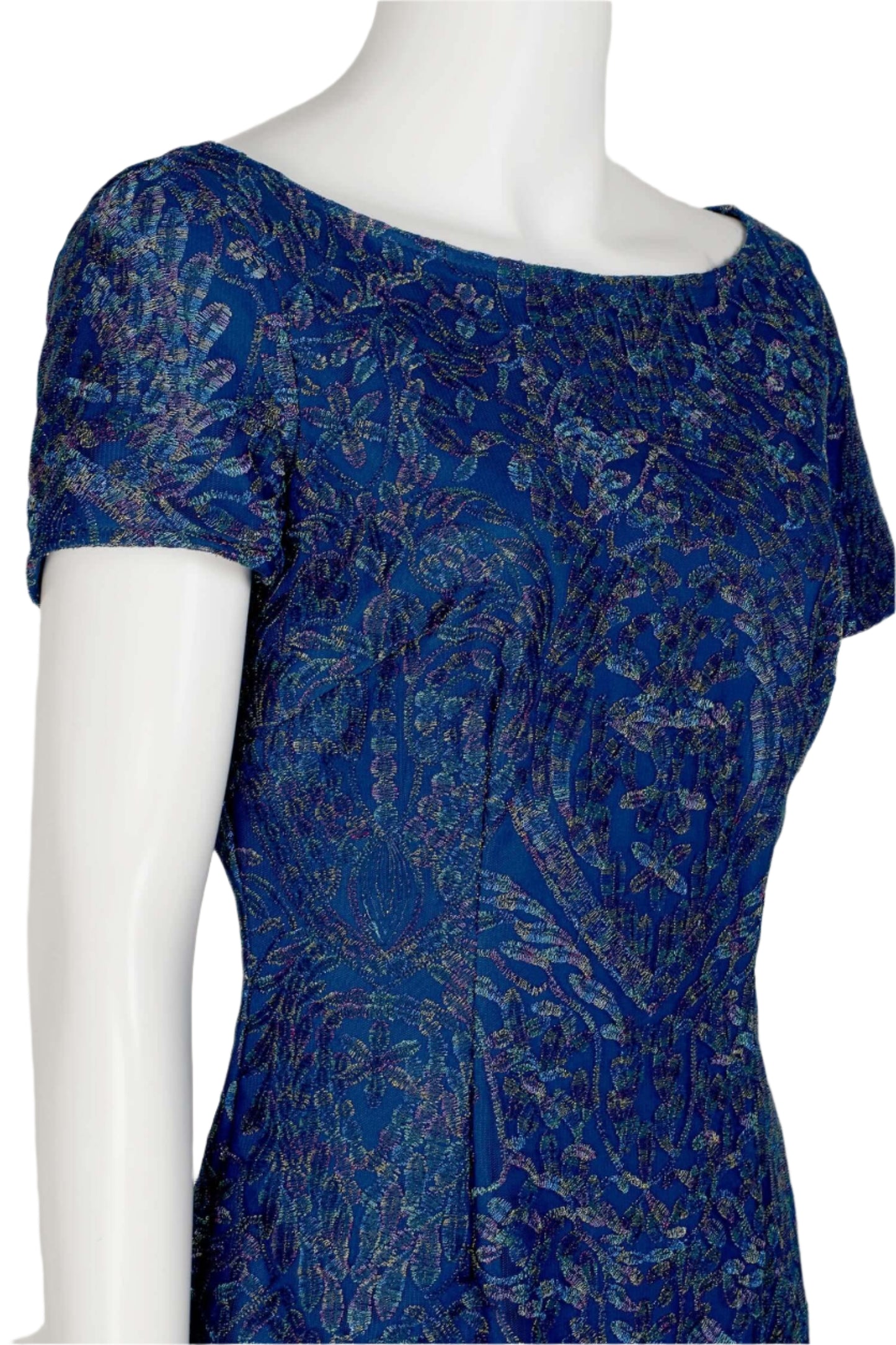 JS Collections Boat Neck Short Sleeve Embroidered Zipper Back Soutache Cocktail Embroidered Mesh Dress - BLUE MULTI - side view