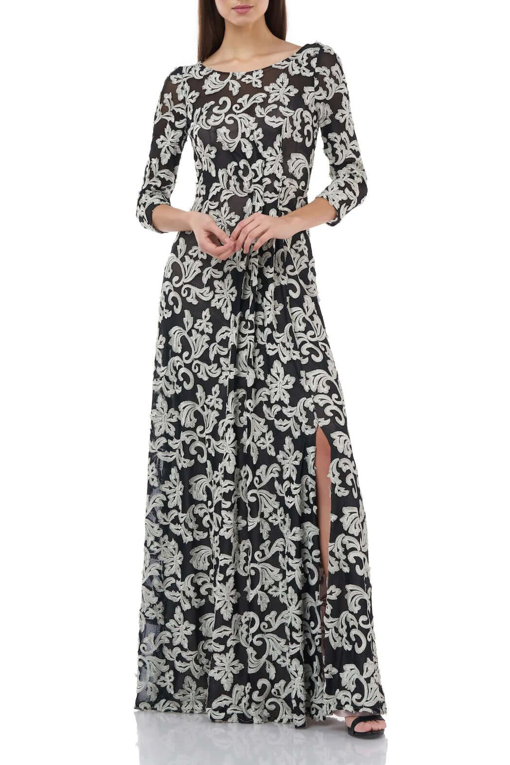 JS Collections Boat Neck 3/4 Sleeve Zipper Back Embroidered Mesh Gown - SILVER BLACK - Front