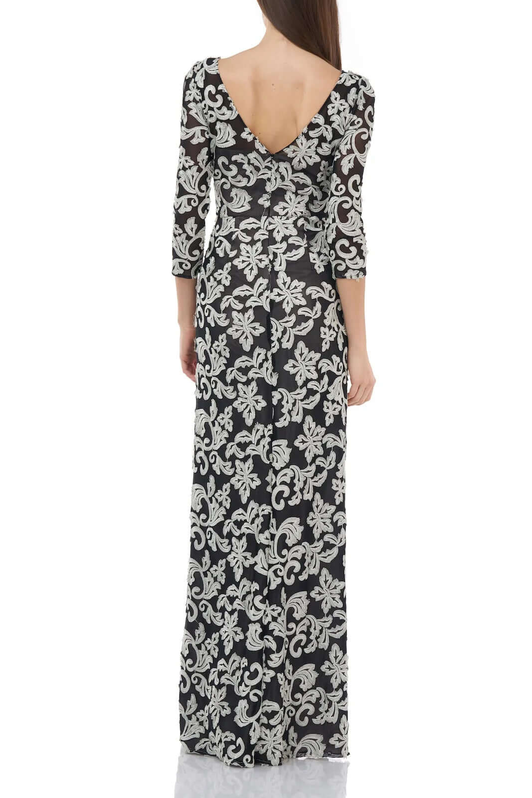 JS Collections Boat Neck 3/4 Sleeve Zipper Back Embroidered Mesh Gown - SILVER BLACK - Back