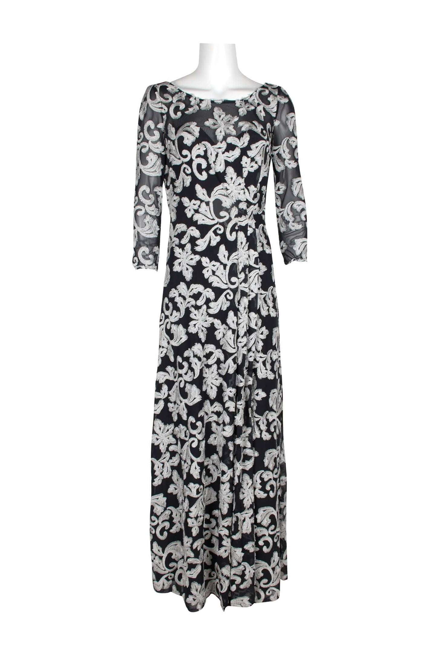 JS Collections Boat Neck 3/4 Sleeve Zipper Back Embroidered Mesh Gown - SILVER BLACK - Front View