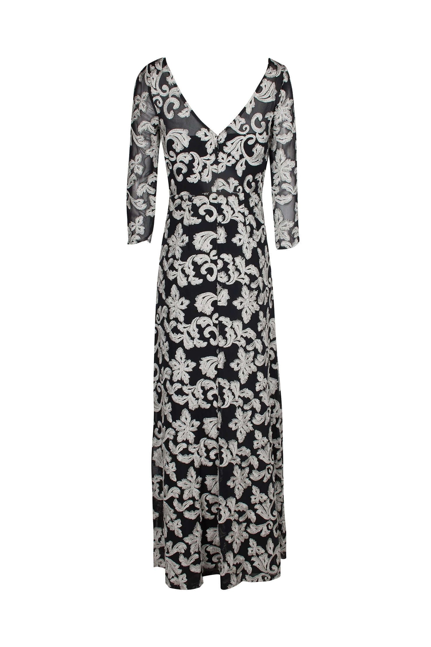 JS Collections Boat Neck 3/4 Sleeve Zipper Back Embroidered Mesh Gown - SILVER BLACK - Back View