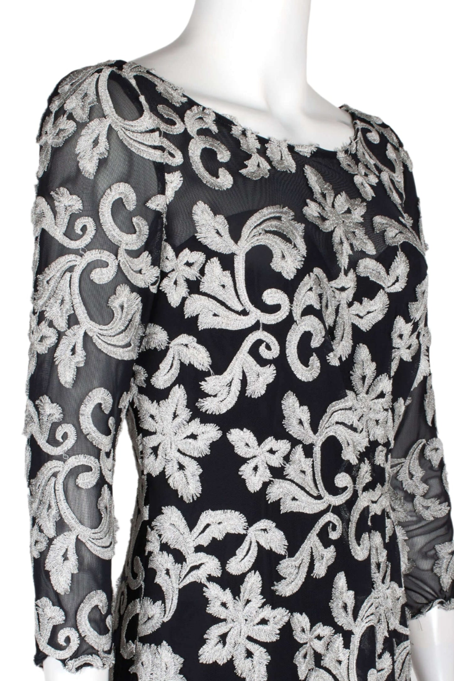 JS Collections Boat Neck 3/4 Sleeve Zipper Back Embroidered Mesh Gown - SILVER BLACK - Side
