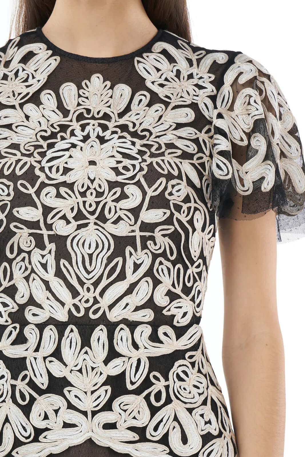 JS Collections Crew Neck Short Sleeve Popover Zipper Back Embroidered Mesh Gown - OYSTER BLACK - Fabric