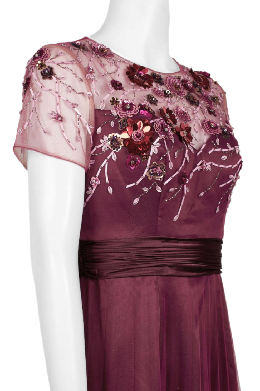 JS Collections Crew Neck Short Sleeve Embellished Bodice Ruched Waist Zipper Back Mesh Gown - JAM MULTI - Neck View