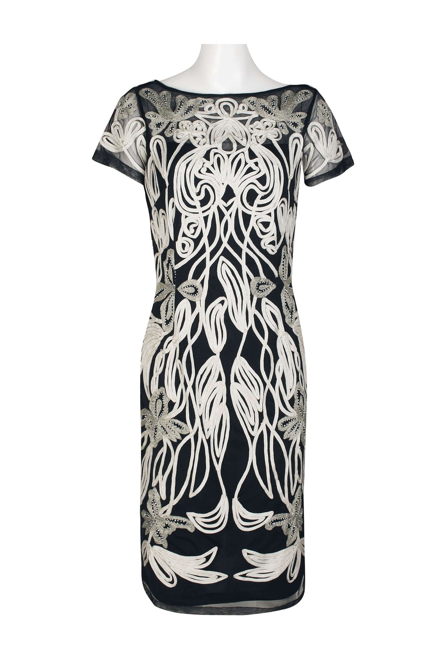 JS Collections Boat Neck Short Sleeve Zipper Back Art Nouveau Illusion Embellished Mesh Dress - WHITE BLACK - Front