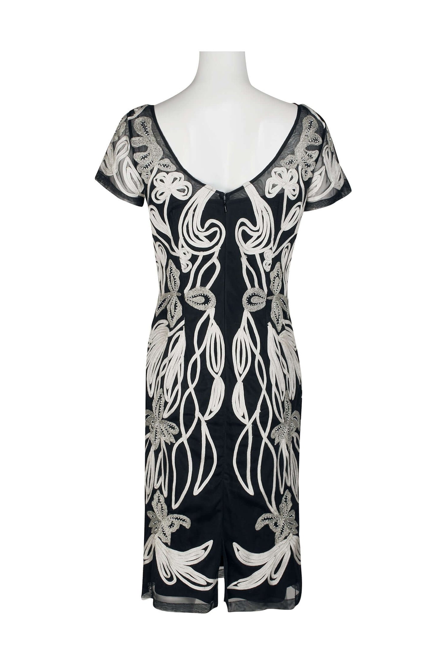 JS Collections Boat Neck Short Sleeve Zipper Back Art Nouveau Illusion Embellished Mesh Dress - WHITE BLACK - Back