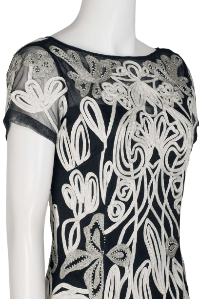 JS Collections Boat Neck Short Sleeve Zipper Back Art Nouveau Illusion Embellished Mesh Dress - WHITE BLACK - Side