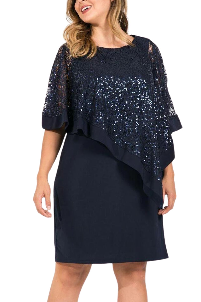 R&M Richards Boat Neck Lace Poncho Top Bodycon ITY Dress - Wholesale - NAVY - Front