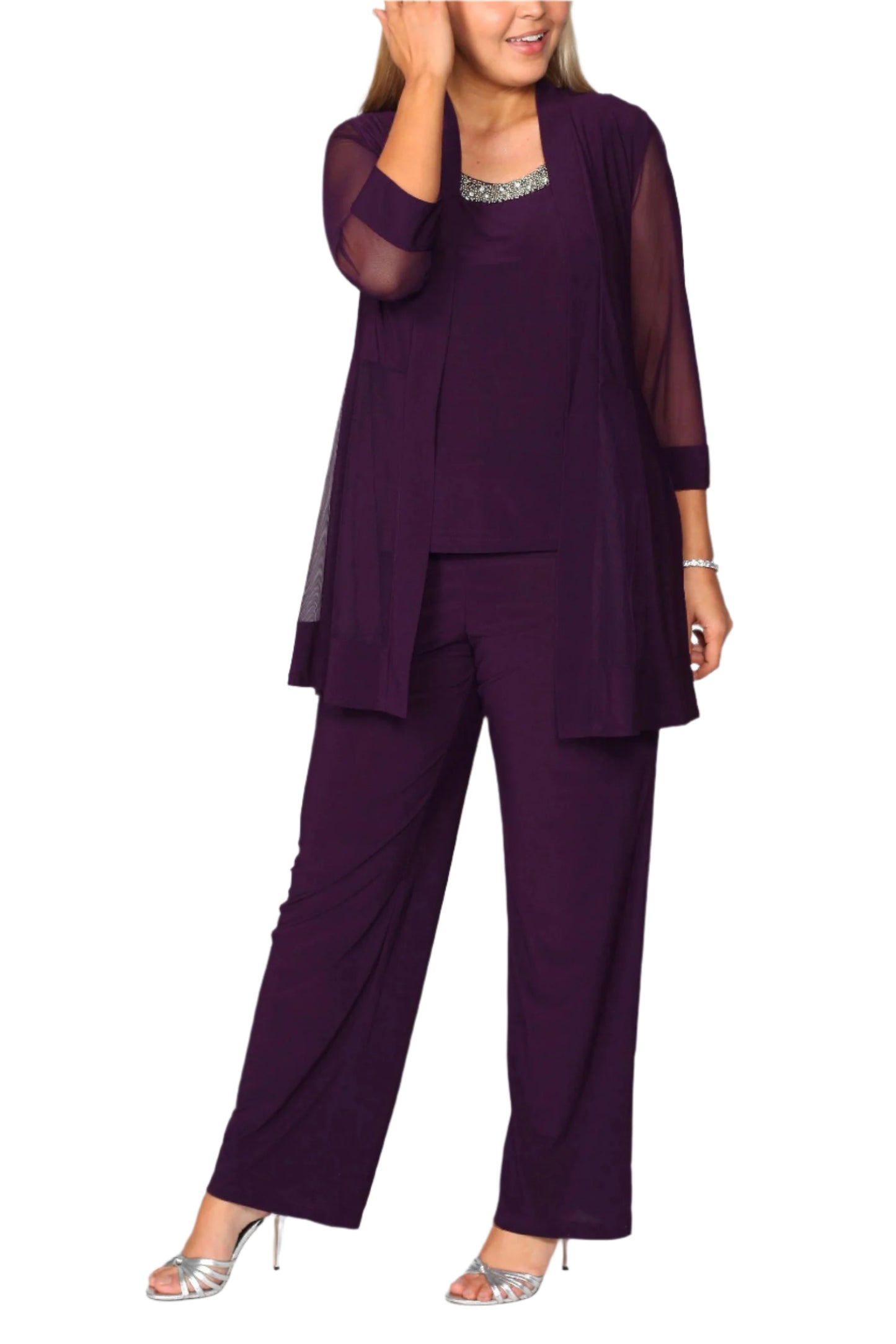 R&M Richards Three Piece Pants Suit Round Neck Sleeveless Top with Soft-Cut Draped Lapel Mesh Jacket Formal Dress (Plus Size) - PLUM -Front