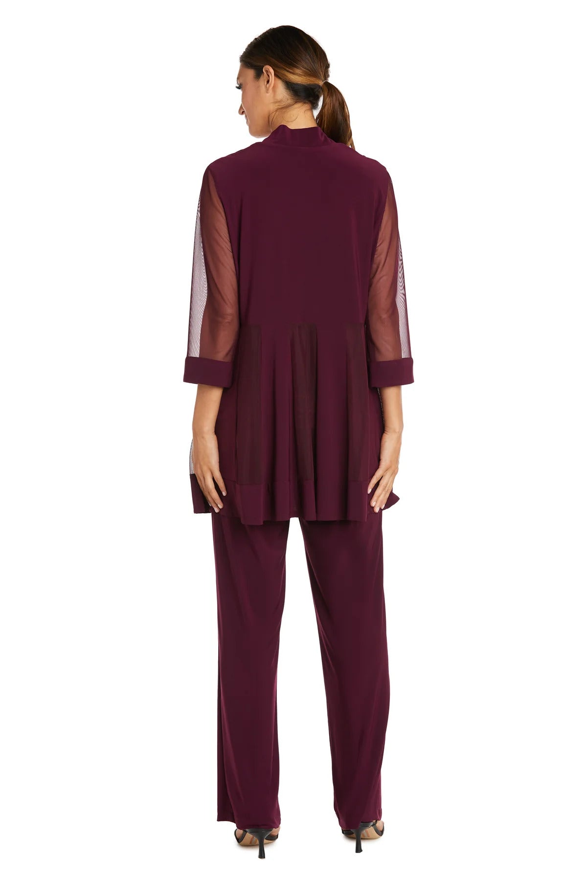 R&M Richards Three Piece Pants Suit Round Neck Sleeveless Top with Soft-Cut Draped Lapel Mesh Jacket Formal Dress - MERLOT - Back