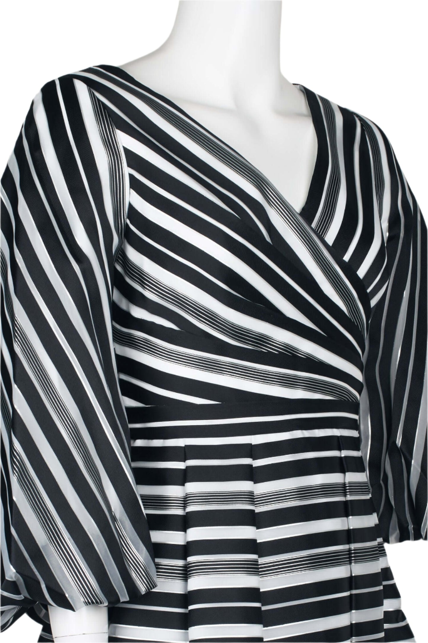 Theia V-Neck 3/4 Sleeve Zipper Back Stripe Print Embellished Organza Gown - BLACK WHITE - FABRIC