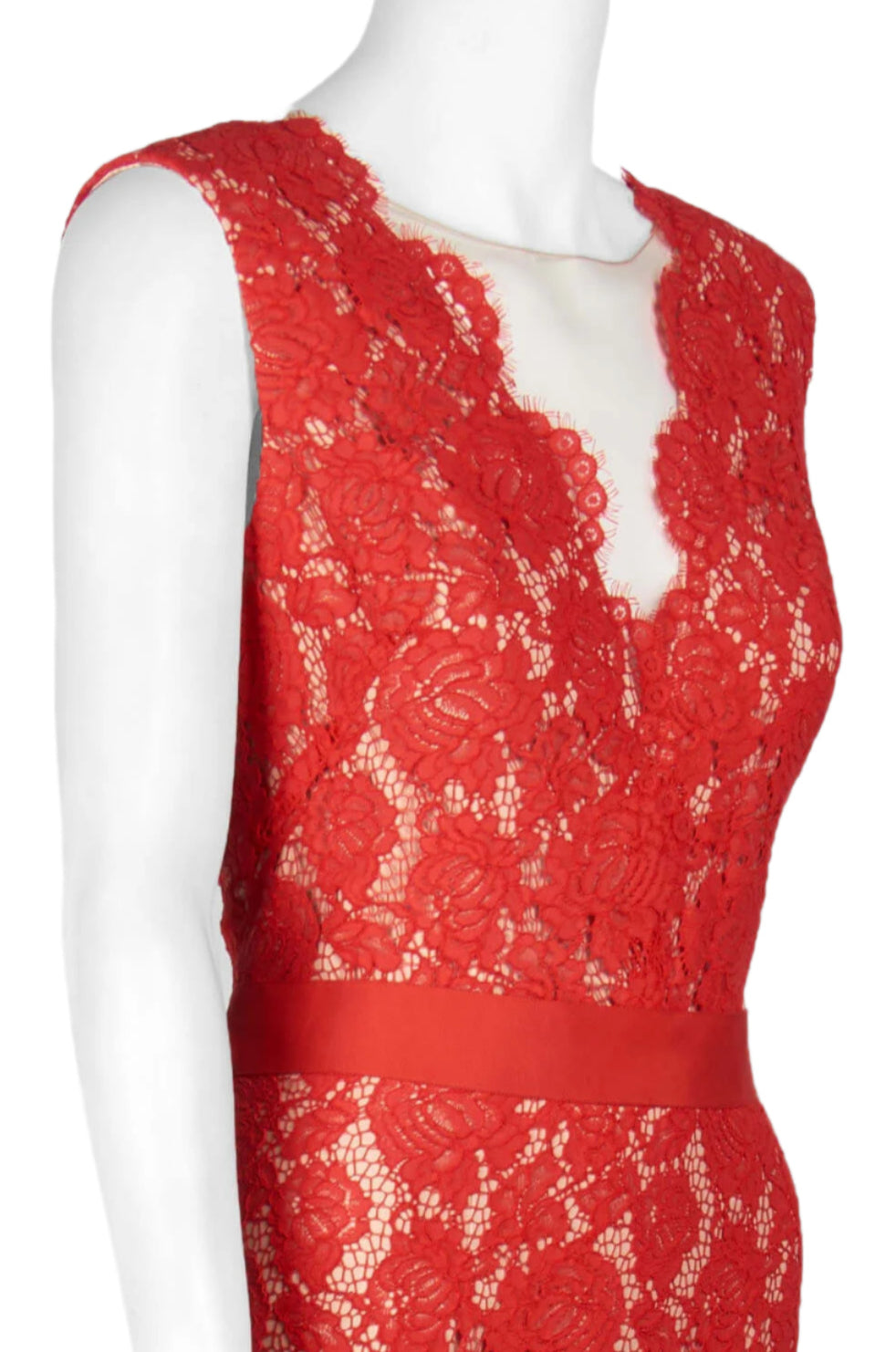 Theia Scalloped V-Neck Sleeveless Banded Waist Zipper Back Flutter Hem Floral Lace Gown - RED NUDE - Neck View