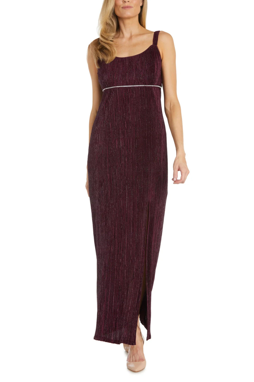 R&M Richards Long Crinkle Pleated with Rhinestone Trim Jacket Dress - BURGUNDY - Without Jacket Front View